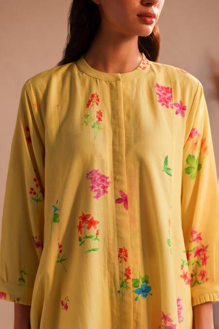Shop_Roza_Yellow Linen Round Neck Tuscany Flower Bloom Print Tunic _Online_at_Aza_Fashions