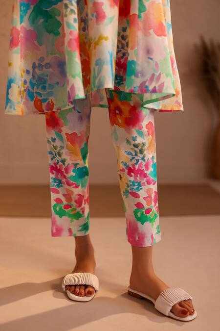 Buy_Roza_Ivory Linen Round Neck Venice Flower Print Tunic With Pant _Online_at_Aza_Fashions