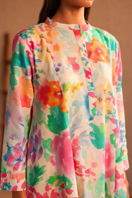 Shop_Roza_Ivory Linen Round Neck Venice Flower Print Tunic With Pant _Online_at_Aza_Fashions