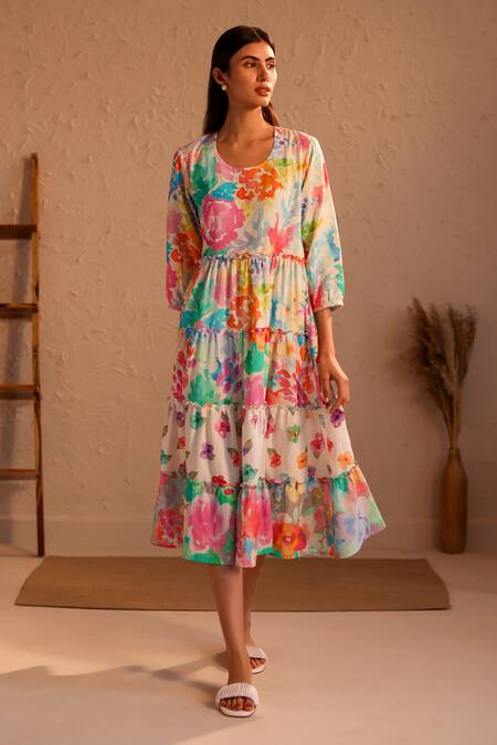 Roza_Multi Color Linen Round Neck Venice Floral Bloom Print Dress _Online_at_Aza_Fashions