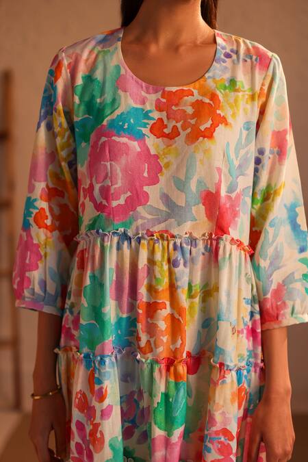 Buy_Roza_Multi Color Linen Round Neck Venice Floral Bloom Print Dress _Online_at_Aza_Fashions