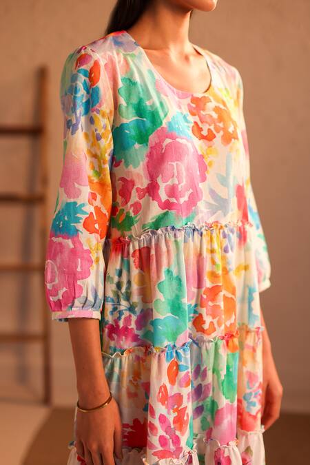 Shop_Roza_Multi Color Linen Round Neck Venice Floral Bloom Print Dress _Online_at_Aza_Fashions