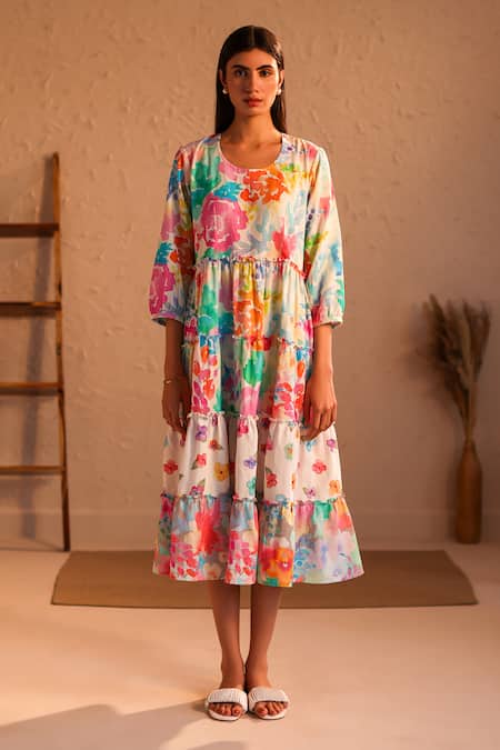 Roza_Multi Color Linen Round Neck Venice Floral Bloom Print Dress _at_Aza_Fashions
