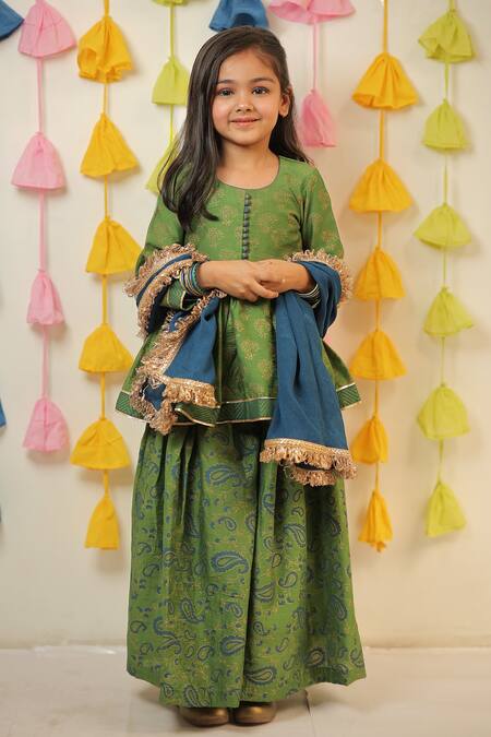 Tiny Colour Clothing Green Chanderi Printed Floral Block Kurta Sharara Set