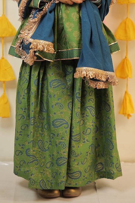 Tiny Colour_Green Chanderi, Cotton, Chiffon Fringe Block Print Kurta Sharara Set _Online_at_Aza_Fashions