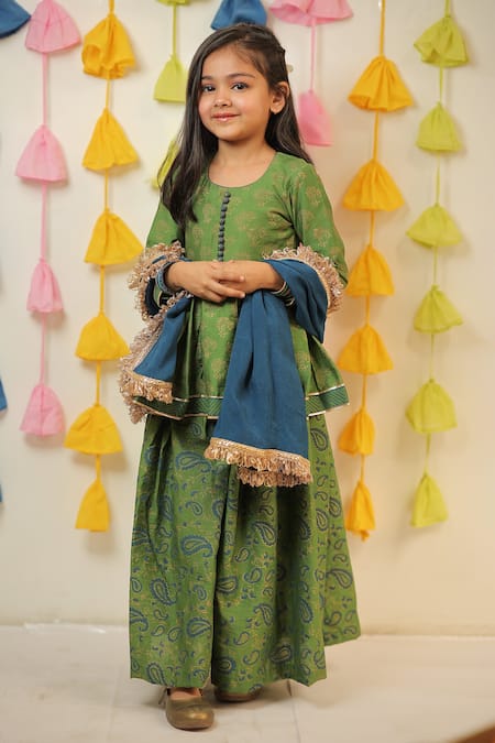 Buy_Tiny Colour_Green Chanderi, Cotton, Chiffon Fringe Block Print Kurta Sharara Set _Online_at_Aza_Fashions