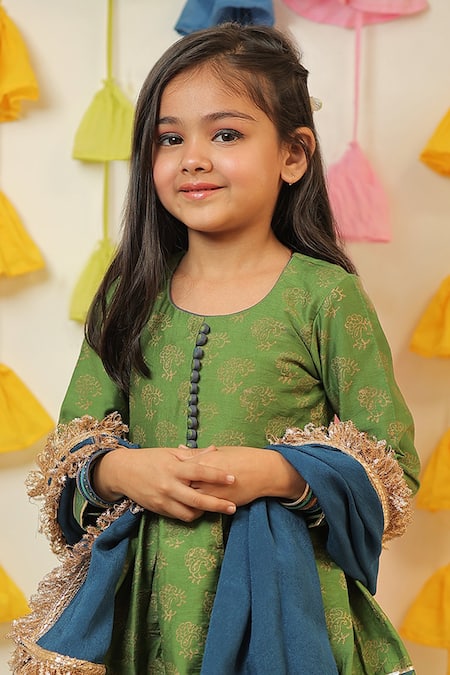 Shop_Tiny Colour_Green Chanderi, Cotton, Chiffon Fringe Block Print Kurta Sharara Set _Online_at_Aza_Fashions