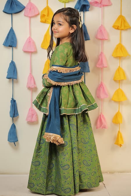 Tiny Colour_Green Chanderi, Cotton, Chiffon Fringe Block Print Kurta Sharara Set _at_Aza_Fashions