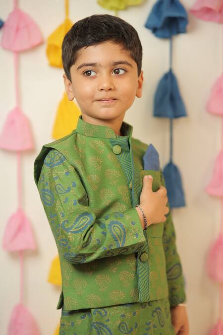 Shop Tiny Colour Green Chanderi, Cotton, Silk Paisley Print Kurta Set With Nehru Jacket Online at Aza Fashions Shop_Tiny Colour_Green Chanderi, Cotton, Silk Paisley Print Kurta Set With Nehru Jacket _Online_at_Aza_Fashions