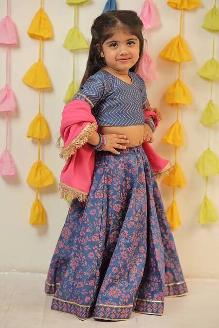 Tiny Colour_Blue Chanderi, Georgette, Cotton Embroidery Floral Print Lehenga Set _Online_at_Aza_Fashions