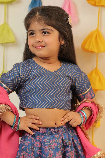 Buy_Tiny Colour_Blue Chanderi, Georgette, Cotton Embroidery Floral Print Lehenga Set _Online_at_Aza_Fashions