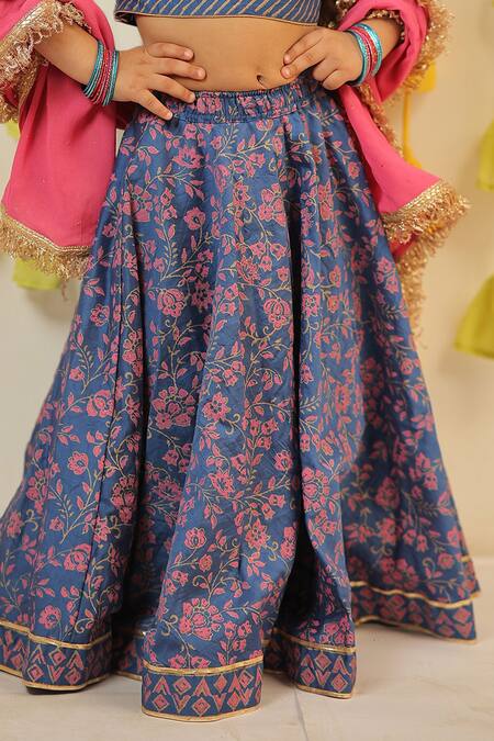 Shop_Tiny Colour_Blue Chanderi, Georgette, Cotton Embroidery Floral Print Lehenga Set _Online_at_Aza_Fashions