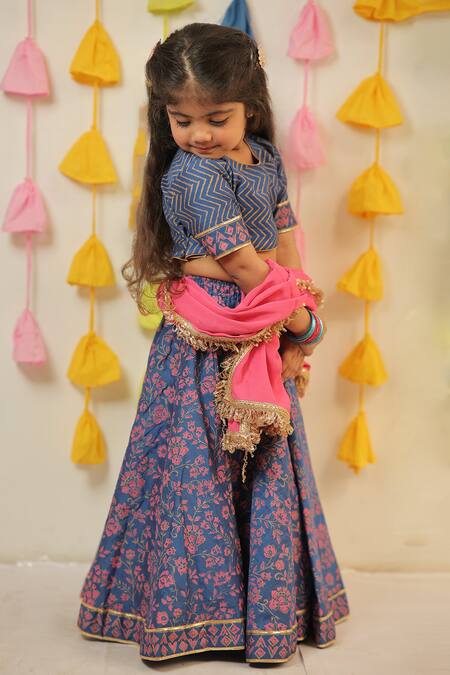 Tiny Colour_Blue Chanderi, Georgette, Cotton Embroidery Floral Print Lehenga Set _at_Aza_Fashions