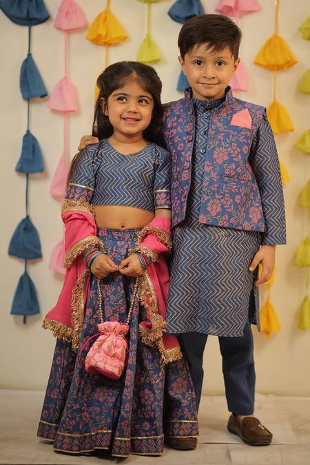 Shop_Tiny Colour_Blue Chanderi, Georgette, Cotton Embroidery Floral Print Lehenga Set 