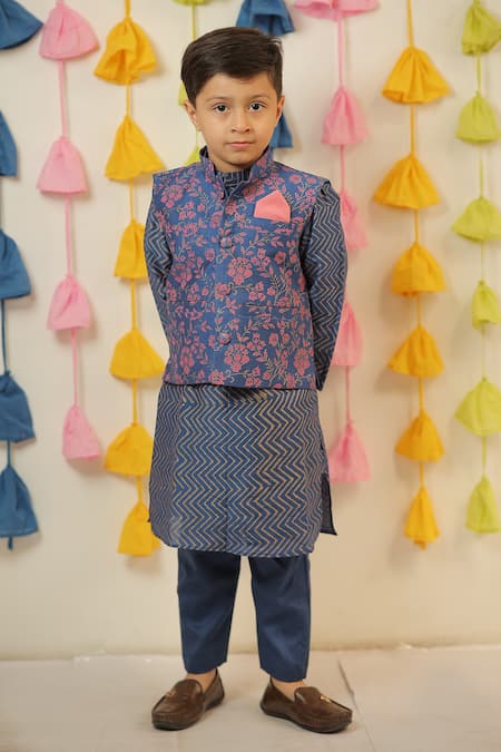 TINY COLOUR Blue Chanderi Printed Floral Nehru Jacket Kurta Set 