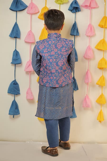 Shop Tiny Colour Blue Chanderi, Cotton, Silk Floral Print Nehru Jacket Kurta Set at Aza Fashions Shop_Tiny Colour_Blue Chanderi, Cotton, Silk Floral Print Nehru Jacket Kurta Set _at_Aza_Fashions