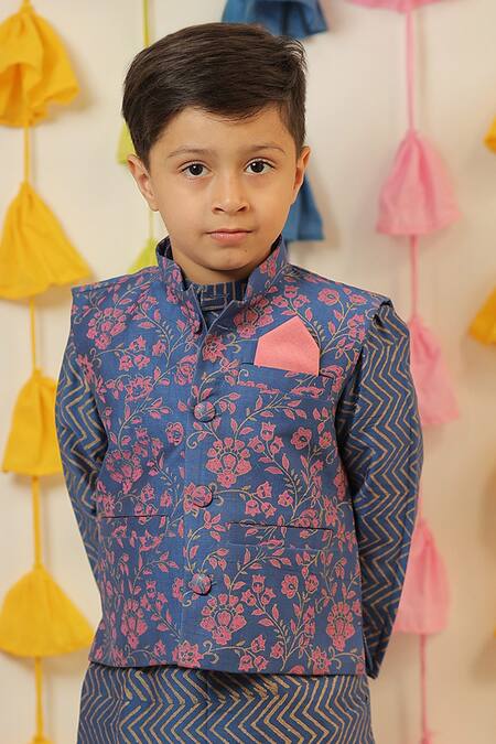 Buy Tiny Colour Blue Chanderi, Cotton, Silk Floral Print Nehru Jacket Kurta Set Online at Aza Fashions Buy_Tiny Colour_Blue Chanderi, Cotton, Silk Floral Print Nehru Jacket Kurta Set _Online_at_Aza_Fashions