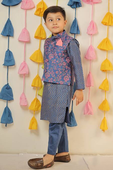 Buy Tiny Colour Blue Chanderi, Cotton, Silk Floral Print Nehru Jacket Kurta Set Buy_Tiny Colour_Blue Chanderi, Cotton, Silk Floral Print Nehru Jacket Kurta Set