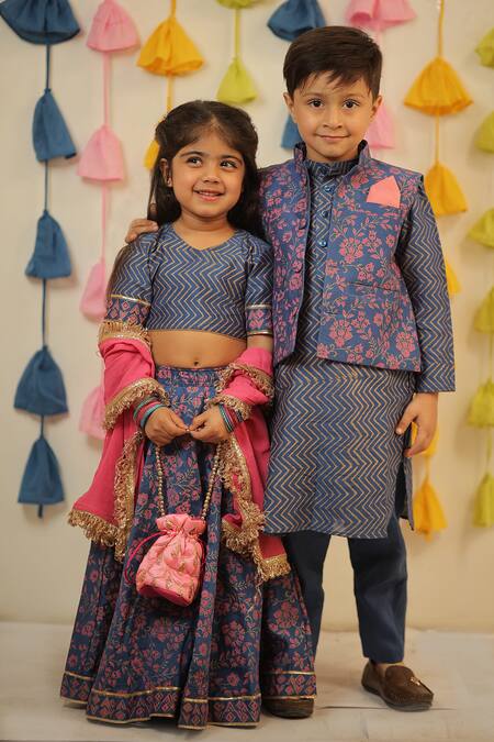 Shop Tiny Colour Blue Chanderi, Cotton, Silk Floral Print Nehru Jacket Kurta Set Shop_Tiny Colour_Blue Chanderi, Cotton, Silk Floral Print Nehru Jacket Kurta Set