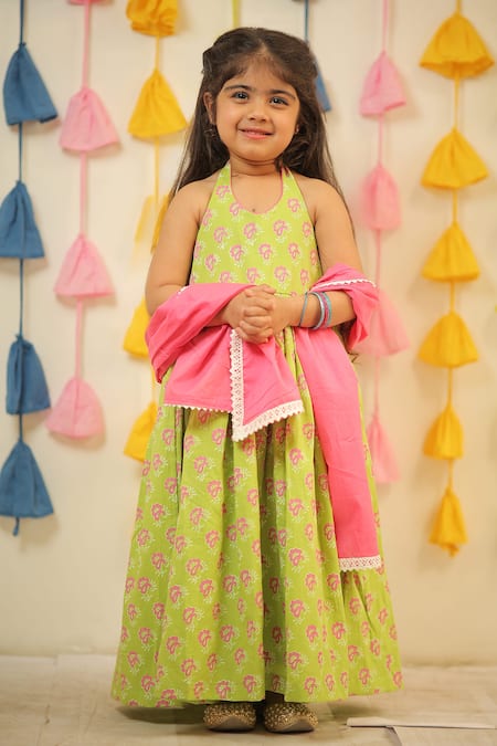 Tiny Colour_Green Cotton, Linen Halter Neck Floral Print Anarkali With Dupatta _at_Aza_Fashions