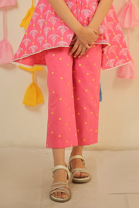 Buy_Tiny Colour_Pink Cotton, Muslin Floral Block Print Kurta And Pant Set _Online_at_Aza_Fashions