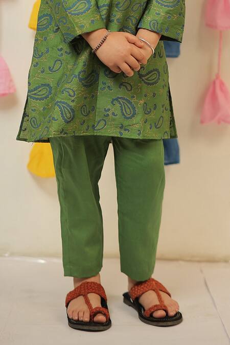 Shop Tiny Colour Green Chanderi, Cotton, Silk Embroidery Paisley Print Kurta And Pant Set Online at Aza Fashions Shop_Tiny Colour_Green Chanderi, Cotton, Silk Embroidery Paisley Print Kurta And Pant Set _Online_at_Aza_Fashions
