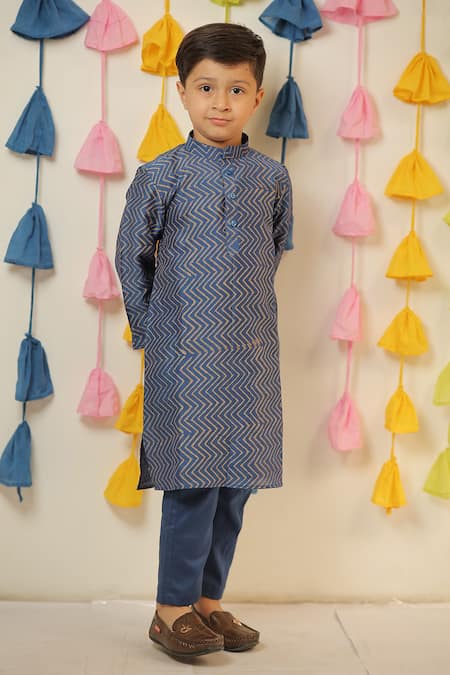 Shop_Tiny Colour_Blue Chanderi, Cotton, Silk Geometric Block Print Kurta And Pant Set _Online_at_Aza_Fashions