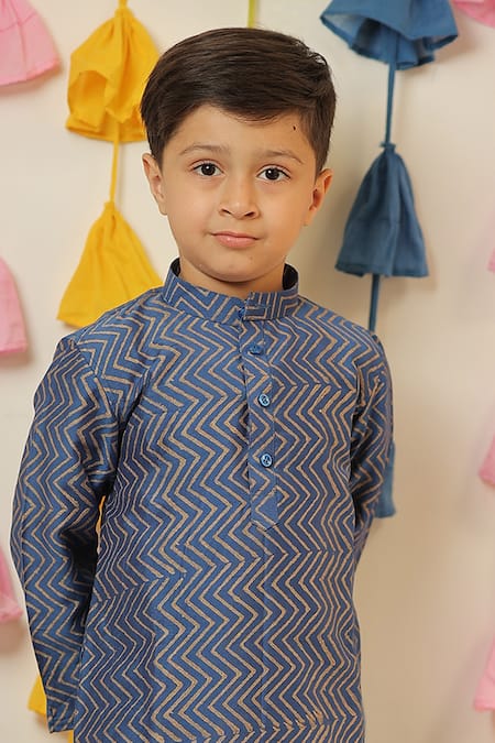 Buy_Tiny Colour_Blue Chanderi, Cotton, Silk Geometric Block Print Kurta And Pant Set 