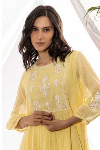 Pants And Pajamas Yellow Chanderi, Cotton Embroidery Round Neck Printed Kurta And Pant Set Online at Aza Fashions Pants And Pajamas_Yellow Chanderi, Cotton Embroidery Round Neck Printed Kurta And Pant Set _Online_at_Aza_Fashions