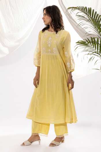 Buy Pants And Pajamas Yellow Chanderi, Cotton Embroidery Round Neck Printed Kurta And Pant Set Online at Aza Fashions Buy_Pants And Pajamas_Yellow Chanderi, Cotton Embroidery Round Neck Printed Kurta And Pant Set _Online_at_Aza_Fashions
