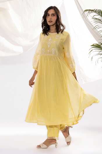 Shop Pants And Pajamas Yellow Chanderi, Cotton Embroidery Round Neck Printed Kurta And Pant Set Online at Aza Fashions Shop_Pants And Pajamas_Yellow Chanderi, Cotton Embroidery Round Neck Printed Kurta And Pant Set _Online_at_Aza_Fashions