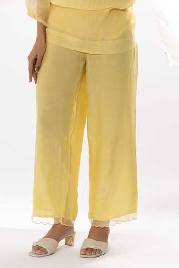 Pants And Pajamas Yellow Chanderi, Cotton Embroidery Round Neck Printed Kurta And Pant Set at Aza Fashions Pants And Pajamas_Yellow Chanderi, Cotton Embroidery Round Neck Printed Kurta And Pant Set _at_Aza_Fashions