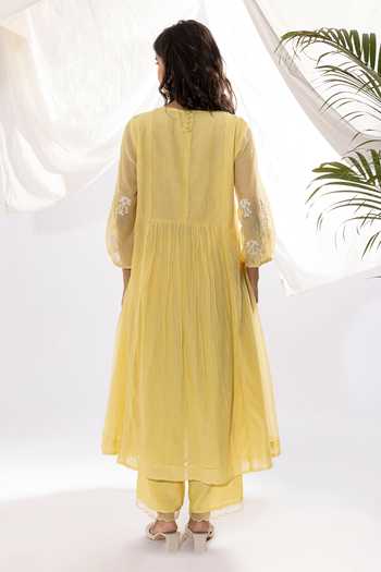 Shop Pants And Pajamas Yellow Chanderi, Cotton Embroidery Round Neck Printed Kurta And Pant Set at Aza Fashions Shop_Pants And Pajamas_Yellow Chanderi, Cotton Embroidery Round Neck Printed Kurta And Pant Set _at_Aza_Fashions