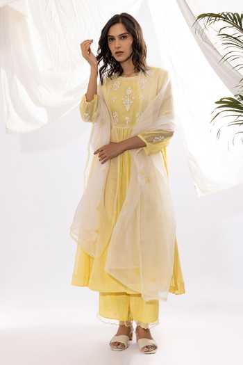 Buy Pants And Pajamas Yellow Chanderi, Cotton Embroidery Round Neck Printed Kurta And Pant Set Buy_Pants And Pajamas_Yellow Chanderi, Cotton Embroidery Round Neck Printed Kurta And Pant Set