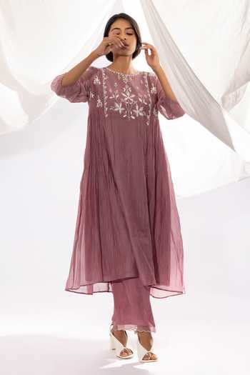 Shop_Pants And Pajamas_Purple Chanderi, Cotton, Silk Embroidery Round Polka Dot Print Kurta And Pant Set _Online_at_Aza_Fashions