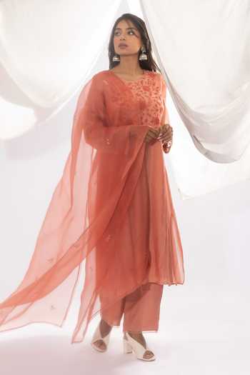 Pants And Pajamas Peach Chanderi, Cotton, Silk Embroidery Round Neck Floral Hand Kurta And Pant Set Online at Aza Fashions Pants And Pajamas_Peach Chanderi, Cotton, Silk Embroidery Round Neck Floral Hand Kurta And Pant Set _Online_at_Aza_Fashions