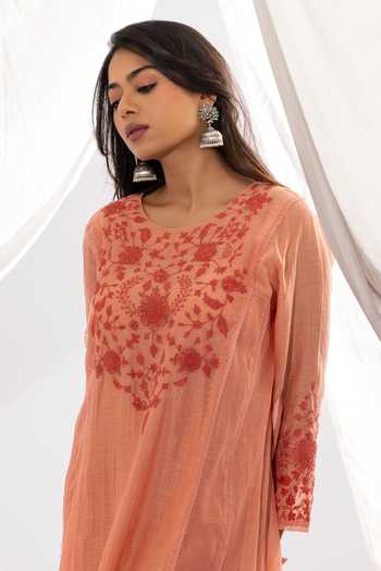 Buy Pants And Pajamas Peach Chanderi, Cotton, Silk Embroidery Round Neck Floral Hand Kurta And Pant Set Online at Aza Fashions Buy_Pants And Pajamas_Peach Chanderi, Cotton, Silk Embroidery Round Neck Floral Hand Kurta And Pant Set _Online_at_Aza_Fashions