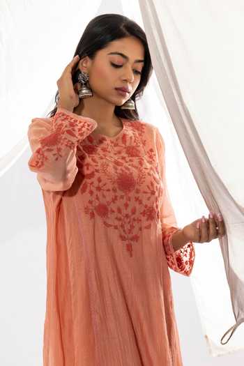 Pants And Pajamas Peach Chanderi, Cotton, Silk Embroidery Round Neck Floral Hand Kurta And Pant Set at Aza Fashions Pants And Pajamas_Peach Chanderi, Cotton, Silk Embroidery Round Neck Floral Hand Kurta And Pant Set _at_Aza_Fashions