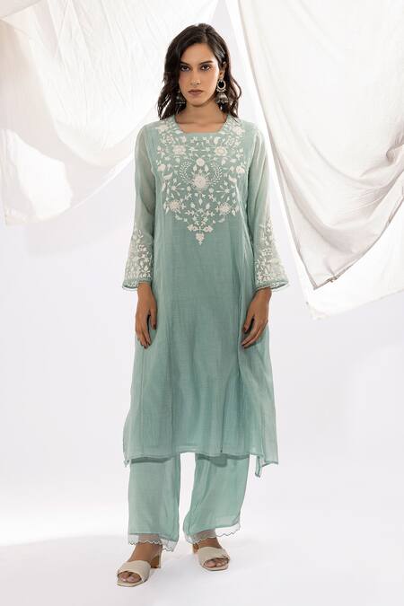 Pants and Pajamas Blue Kurta Chanderi Mul Hand Embroidered Floral Round And Pant Set 