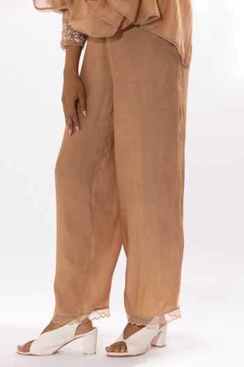 Shop_Pants And Pajamas_Beige Chanderi, Cotton, Silk Embroidery V-neck Chikankari Hand Kurta And Pant Set _Online_at_Aza_Fashions