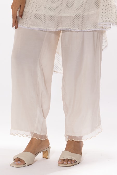 Shop_Pants And Pajamas_White Chanderi, Cotton, Silk Embroidery V-neck Chikankari Kurta And Pant Set _Online_at_Aza_Fashions