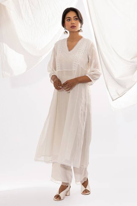 Pants And Pajamas White Chanderi, Cotton, Silk Sequins, Chikankari Work Kurta And Pant Set Online at Aza Fashions Pants And Pajamas_White Chanderi, Cotton, Silk Sequins, Chikankari Work Kurta And Pant Set _Online_at_Aza_Fashions