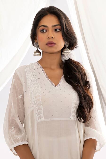 Shop Pants And Pajamas White Chanderi, Cotton, Silk Sequins, Chikankari Work Kurta And Pant Set Online at Aza Fashions Shop_Pants And Pajamas_White Chanderi, Cotton, Silk Sequins, Chikankari Work Kurta And Pant Set _Online_at_Aza_Fashions