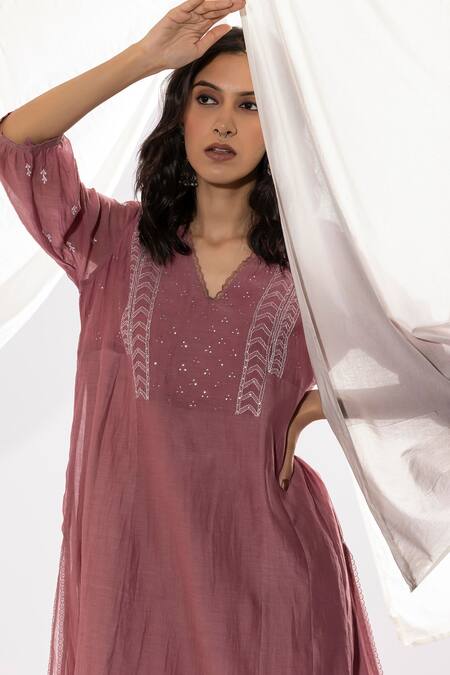 Pants And Pajamas Purple Chanderi, Cotton, Silk Embroidery V-neck Hand Kurta And Pant Set Online at Aza Fashions Pants And Pajamas_Purple Chanderi, Cotton, Silk Embroidery V-neck Hand Kurta And Pant Set _Online_at_Aza_Fashions