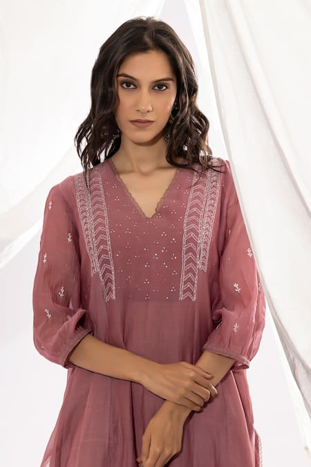 Pants And Pajamas Purple Chanderi, Cotton, Silk Embroidery V-neck Hand Kurta And Pant Set at Aza Fashions Pants And Pajamas_Purple Chanderi, Cotton, Silk Embroidery V-neck Hand Kurta And Pant Set _at_Aza_Fashions