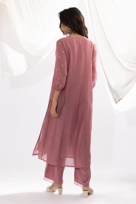 Shop Pants And Pajamas Purple Chanderi, Cotton, Silk Embroidery V-neck Hand Kurta And Pant Set at Aza Fashions Shop_Pants And Pajamas_Purple Chanderi, Cotton, Silk Embroidery V-neck Hand Kurta And Pant Set _at_Aza_Fashions