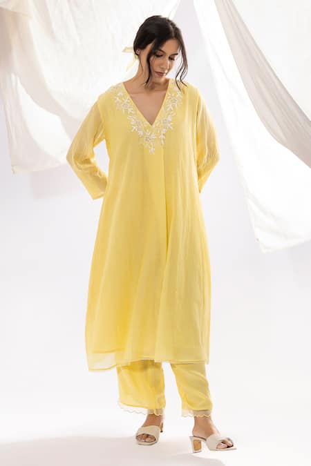 Pants And Pajamas Yellow Chanderi, Cotton, Silk Embroidery V-neck Kurta And Pant Set
