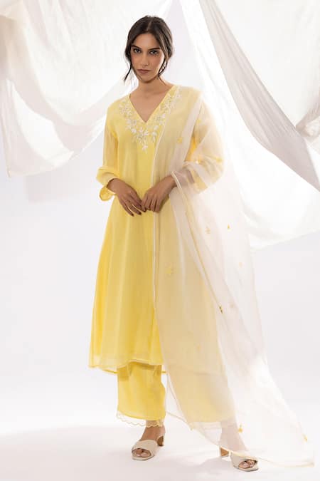 Pants And Pajamas Yellow Chanderi, Cotton, Silk Embroidery V-neck Kurta And Pant Set Online at Aza Fashions Pants And Pajamas_Yellow Chanderi, Cotton, Silk Embroidery V-neck Kurta And Pant Set _Online_at_Aza_Fashions