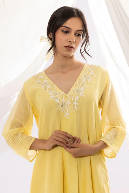 Buy Pants And Pajamas Yellow Chanderi, Cotton, Silk Embroidery V-neck Kurta And Pant Set Online at Aza Fashions Buy_Pants And Pajamas_Yellow Chanderi, Cotton, Silk Embroidery V-neck Kurta And Pant Set _Online_at_Aza_Fashions