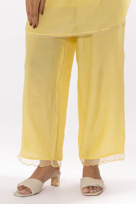 Shop Pants And Pajamas Yellow Chanderi, Cotton, Silk Embroidery V-neck Kurta And Pant Set Online at Aza Fashions Shop_Pants And Pajamas_Yellow Chanderi, Cotton, Silk Embroidery V-neck Kurta And Pant Set _Online_at_Aza_Fashions